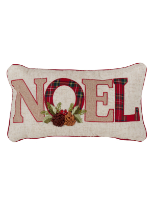 Noel Print Plaid Christmas Lumbar Throw Pillow Tan - Saro Lifestyle