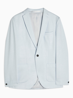 Light Blue Skinny Fit Single Breasted Jersey Blazer With Notch Lapels