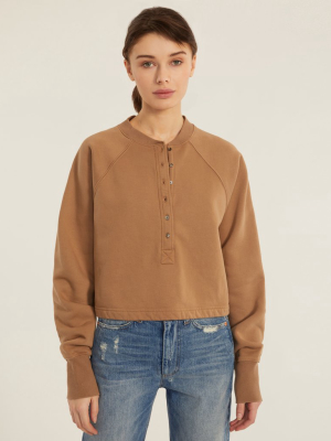 So Uptight Plush Plunge Henley Sweatshirt In Light Mocha