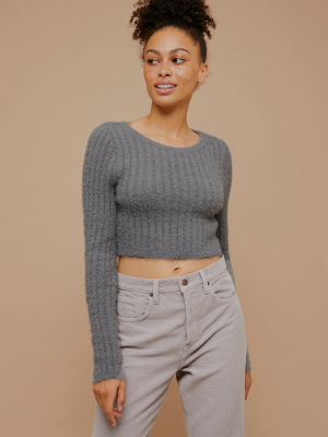 Ink Fluffy Ribbed Cropped Knitted Sweater