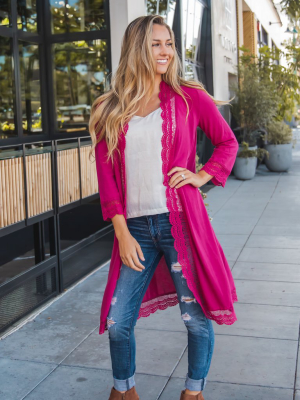 3/4 Sleeve Lace Trim Cardigan - Magenta