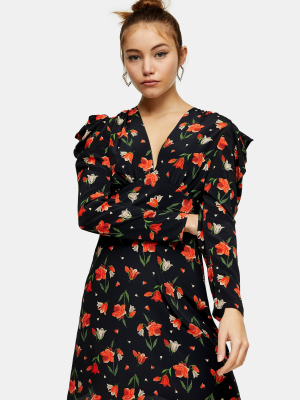 Tulip Floral Print Ruched Waist Mini Dress