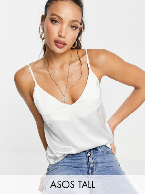 Asos Design Tall V-neck Satin Cami In Ivory