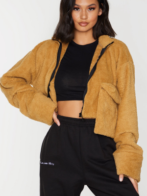 Camel Borg Cropped Zip Sweatshirt