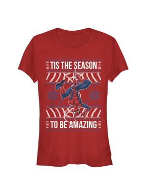 Junior's Marvel Ugly Christmas Spider-man Season T-shirt