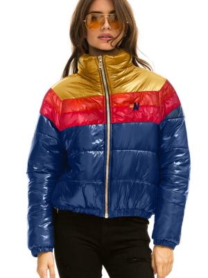 Women's Color Block Luxe Apres Puffer Jacket - Glossy Blue