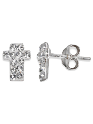 Round Cubic Zirconia Stud Cross Earrings In Sterling Silver (8mm)