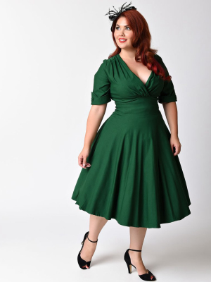 Unique Vintage Plus Size Emerald Green Delores Swing Dress With Sleeves