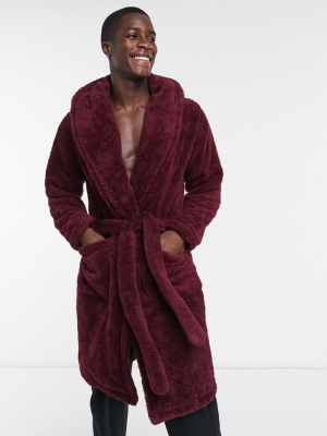 Asos Design Lounge Robe In Burgundy Fleece