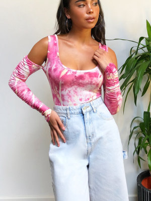 Pink Jersey Tie Dye Print Cold Shoulder Bodysuit