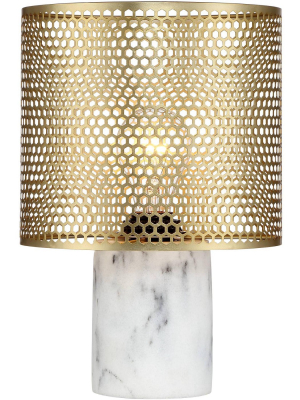360 Lighting Modern Accent Table Lamp 11 1/2" High White Faux Marble Base Brass Hexagon Cutouts Shade For Bedroom Bedside Office