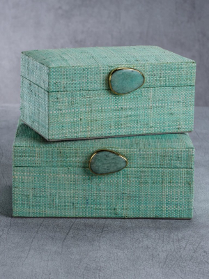 Raffia Palm Box With Stone Accent - Jade
