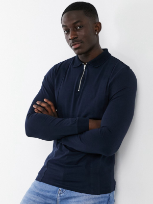 Asos Design Muscle Fit Smart Long Sleeve Polo In Navy With Zip Collar