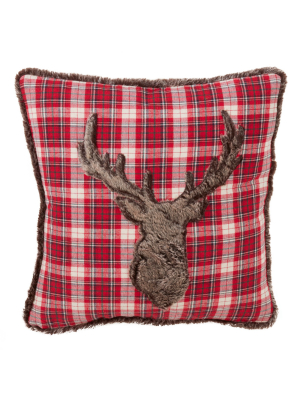 Plaid Faux Fur Reindeer Square Throw Pillow Red - Saro Lifestyle