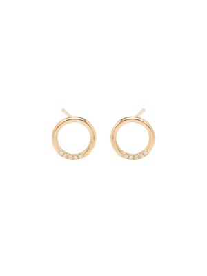 14k Small Thick Circle Studs With 5 White Pave Diamonds