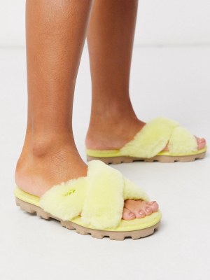 Ugg Fuzzette Cross Strap Fluffy Slippers In Yellow