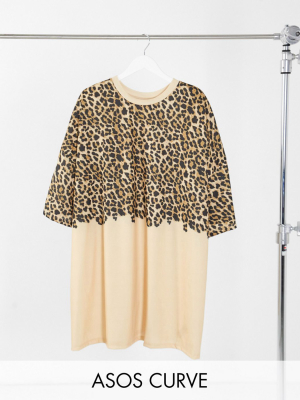 Asos Design Curve Oversized T-shirt Dress In Tonal Half And Half Leopard Print