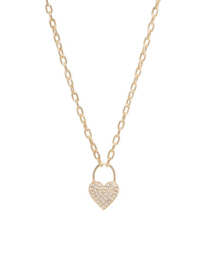 14k Pave Diamond Heart Padlock Small Oval Link Necklace