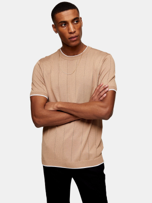 Brown Pointelle Knitted T-shirt