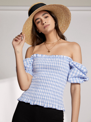 Carmilla Blue Gingham Shirred Top