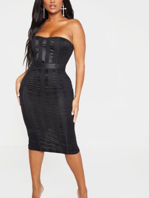 Shape Black Lace Mesh Stripe Bandeau Midi Dress