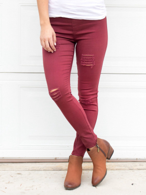 Distressed Jeggings - Maroon