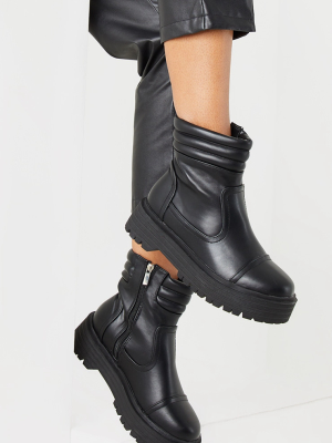 Black Chunky Sole Biker Quilted Ankle Boots