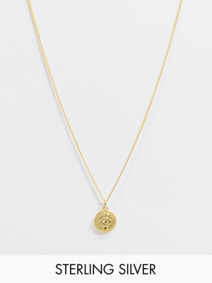 Reclaimed Vintage Inspired Sterling Silver Gold Plated Necklace With Coin Pendant With Eye Detail