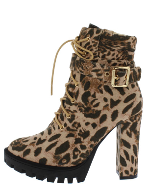 Vinny Leopard Lace Up Buckle Lug Sole Ankle Boot