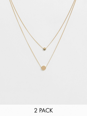 Asos Design Pack Of 2 Double Disc Necklaces In Gold Tone