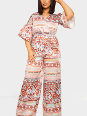 Multi Woven Printed Flare Sleeve Wide Leg Jumpsuit