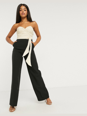 Lipsy Bardot Ruched Top Jumpsuit Wit Belt In Mono