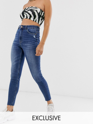 Bershka Super High Waist Skinny Jean In Dark Blue