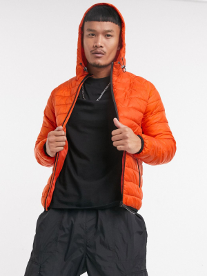 Bershka Padded Puffer Jacket With Hood In Orange