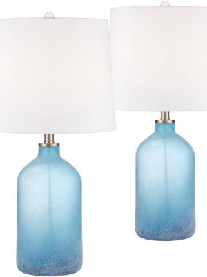 360 Lighting Coastal Table Lamps Set Of 2 Frosted Sea Blue Glass White Drum Shade For Living Room Family Bedroom Nightstand