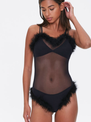 Mesh Feather-trim Lingerie Bodysuit