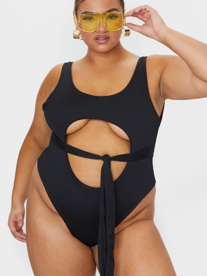 Plus Black Crinkle Cut Out Belted Swimsuit