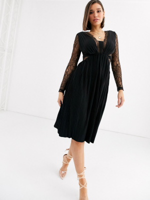 Asos Design Lace And Pleat Long Sleeve Midi Dress In Black