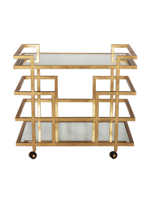 Gold Leaf Linear Bar Cart With Two Mirror Shelves