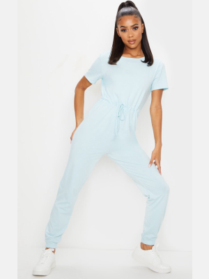 Pastel Blue Cotton Elastane Short Sleeve Jumpsuit