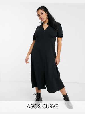 Asos Design Curve Ultimate Midi Tea Dress With Collar In Black