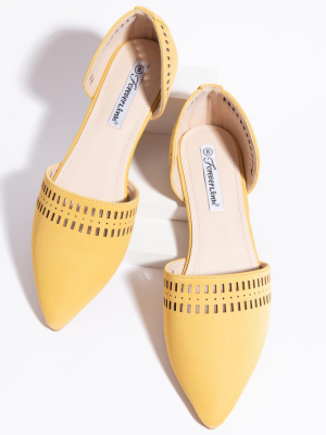 Mustard Cutout Leatherette Pointed Toe Flats