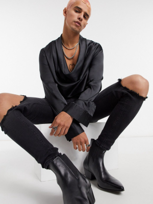 Asos Design Satin Shirt With Low Cowl Neck In Black