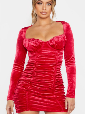 Red Velvet Double Ruched Front Long Sleeve...