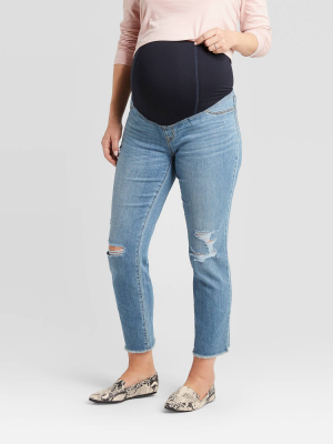 Maternity High-rise Crossover Panel Distressed Straight Jeans - Isabel Maternity By Ingrid & Isabel™ Blue