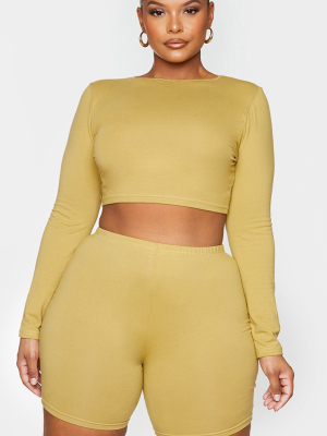 Plus Olive Cotton Long Sleeve Crop Top