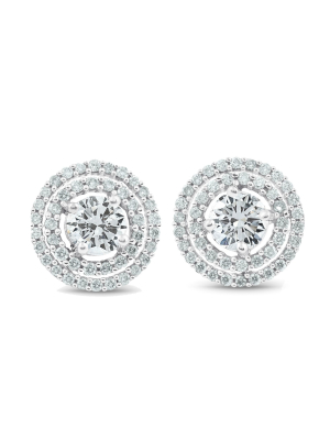 Pompeii3 1 3/4 Ct Genuine Diamond Double Halo Studs Women Earrings White Gold