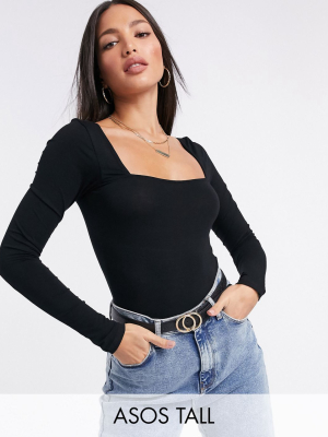 Asos Design Tall Long Sleeve Bodysuit With Square Front And Back In Black