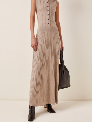 Arborea Button-embellished Ribbed Merino Wool Maxi Dress