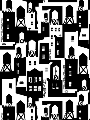 New York City Watertowers Wallpaper In Black & White Design By Tom Slaughter For Cavern Home